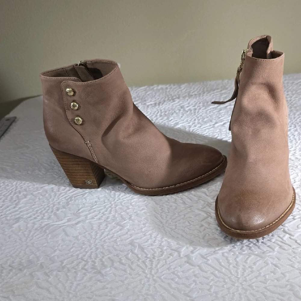 Sam‎ Edelman Mariella Leather Ankle Booties Tan Button Block Heel 7.5